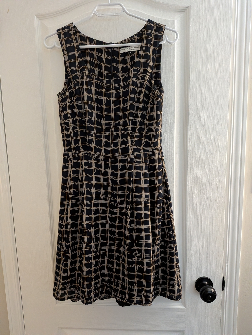 Birds Of North America Sleeveless Black Dress with Beige Windowpane Check